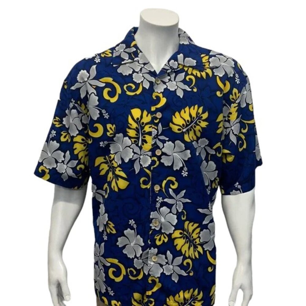 ODO Hawaiian Floral Design Blue Yellow White Short Sleeve Shirt Wood Buttons XL